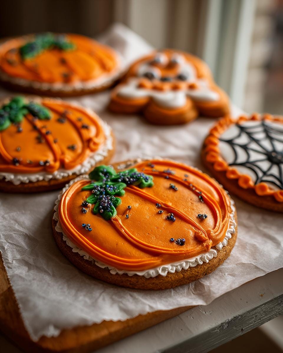 Close-up of decorated Halloween Kürbis Kekse backen Rezept, pumpkin, spiderweb, and ghost shapes.