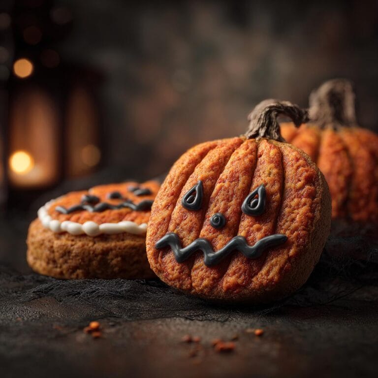 Close-up of Halloween Kürbiskekse mit Zuckerguss, shaped like pumpkins with icing faces.