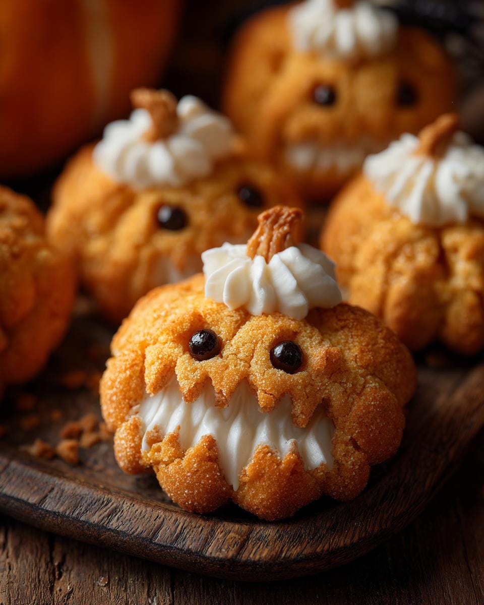 Close-up of Halloween Kürbiskekse mit Zuckerguss, shaped like pumpkins with frosting and candy eyes.