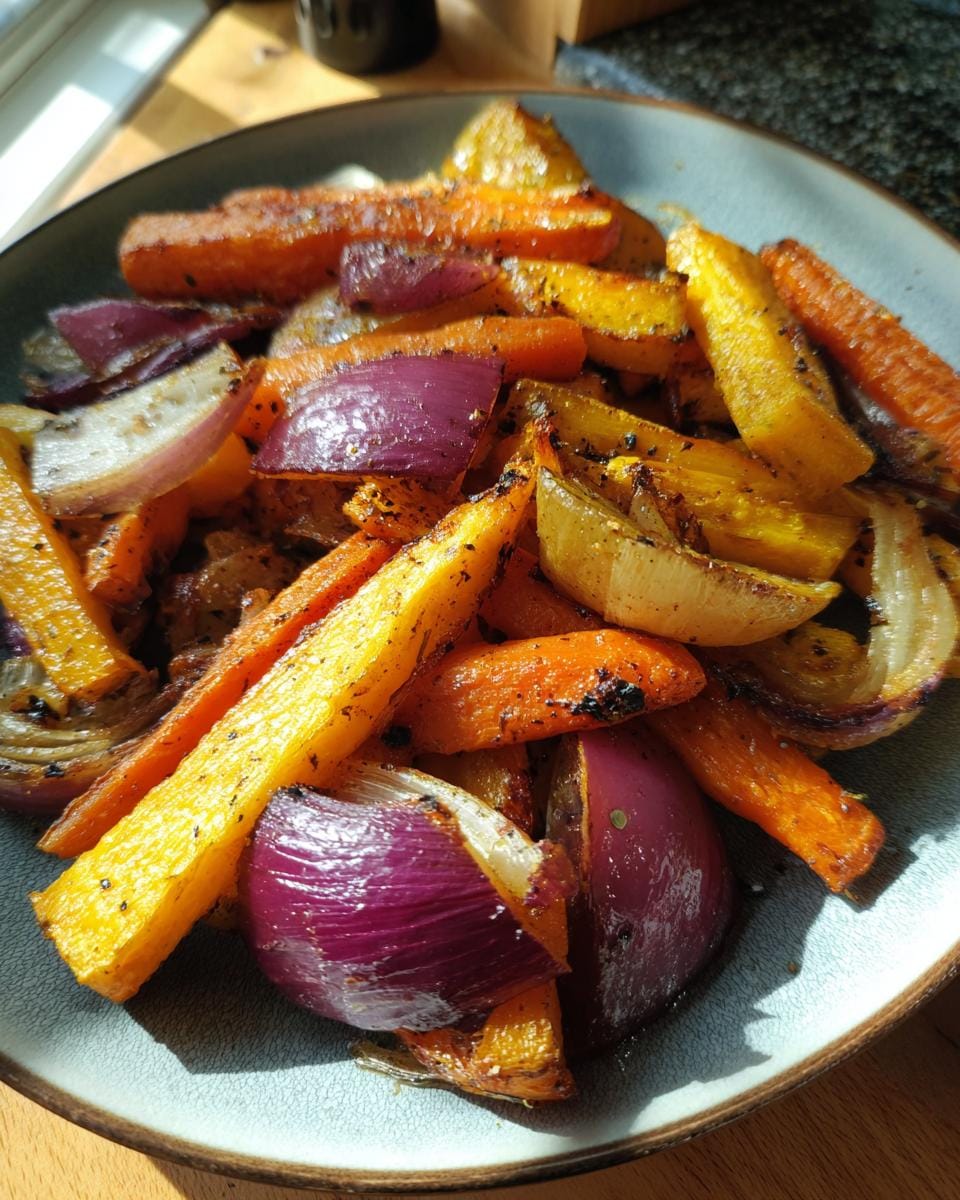 Close-up of roasted Halloween Ofengemüse featuring carrots and red onions on a plate.