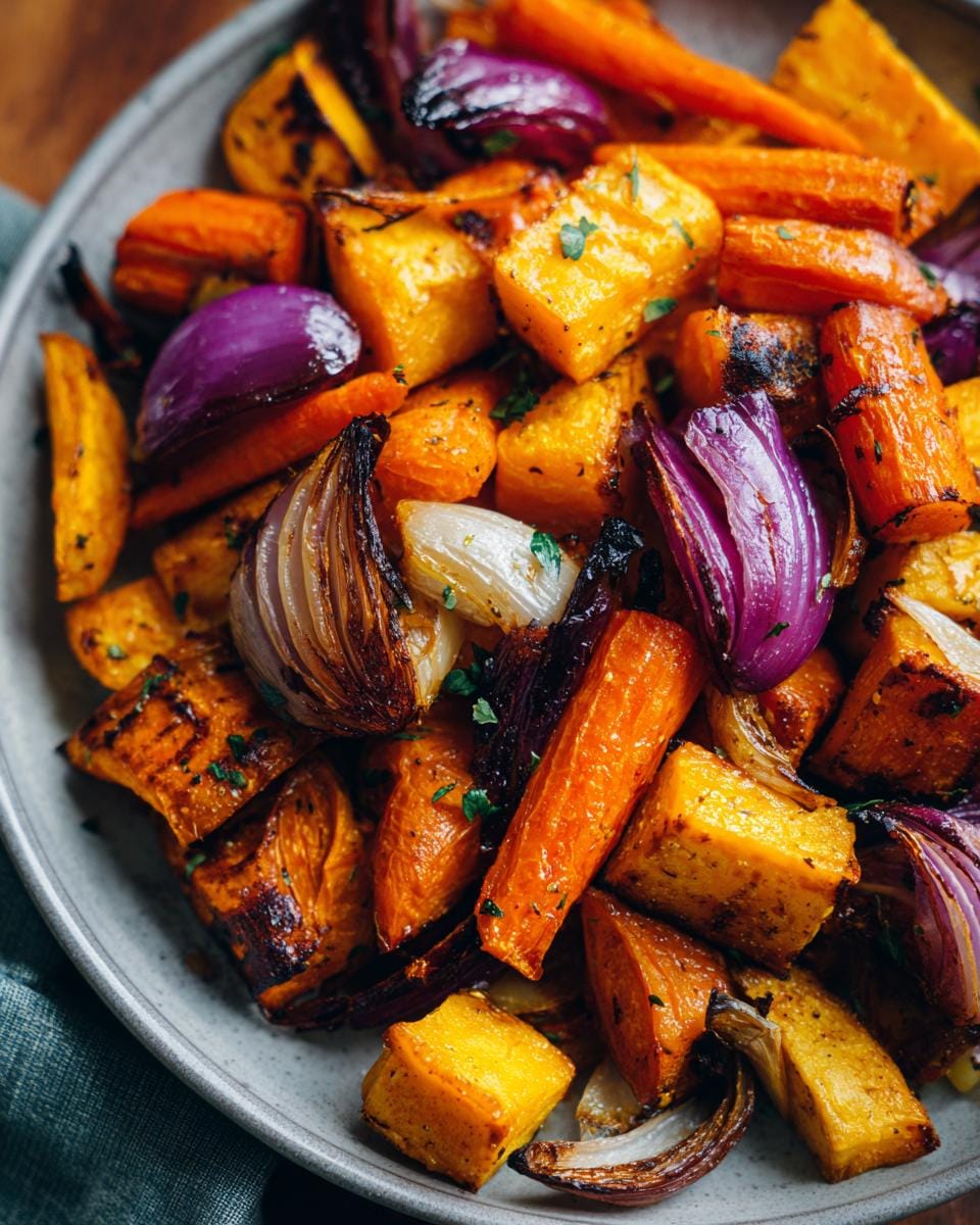 Close-up of colorful Halloween Ofengemüse featuring roasted carrots, onions, and squash.