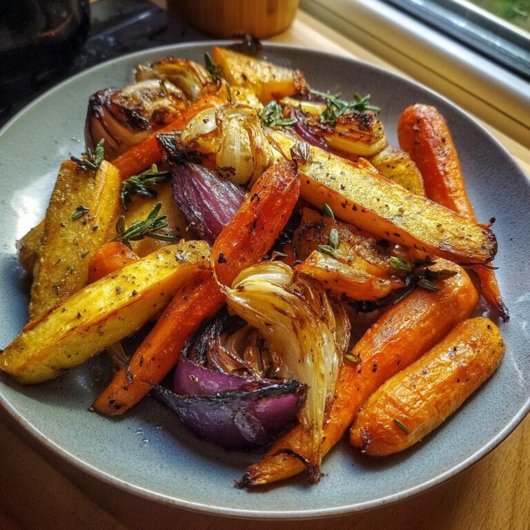 A plate of vibrant and appetizing Halloween Ofengemüse, featuring roasted carrots, onions, and potatoes.