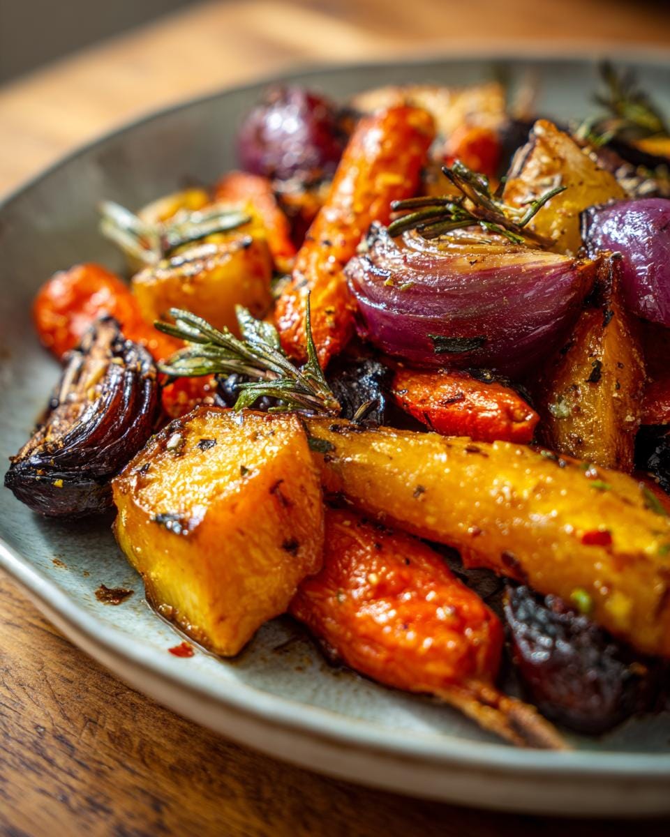 Close-up of roasted Halloween Ofengemüse featuring carrots, onions, and potatoes with rosemary garnish.