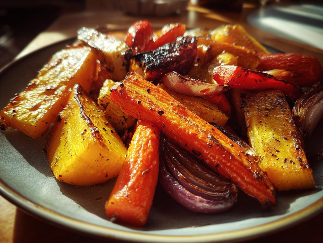Roasted Halloween Ofengemüse featuring carrots, squash, red onions, and peppers on a gray plate.