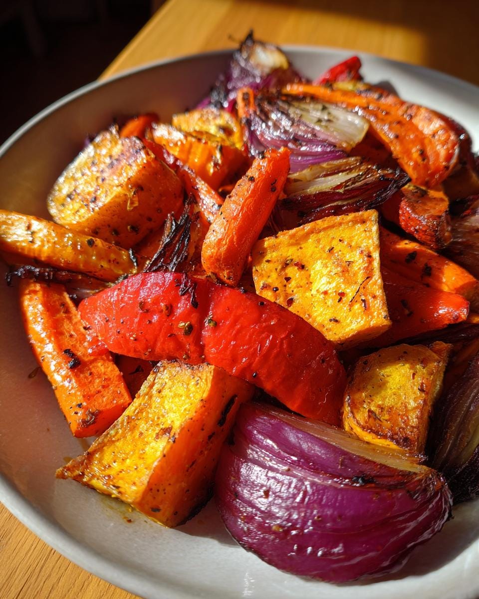 Close-up of colorful Halloween Ofengemüse, featuring roasted carrots, red bell peppers, onions, and squash.