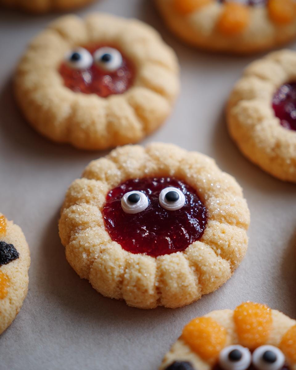 Close-up of Halloween Thumbprint Cookies als Halloween Deco, decorated with jam and candy eyes.