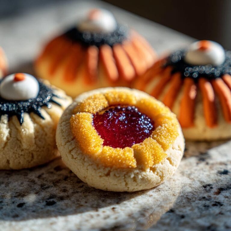 Close-up of Halloween Thumbprint Cookies als Halloween Deco with jam filling and spooky decorations.