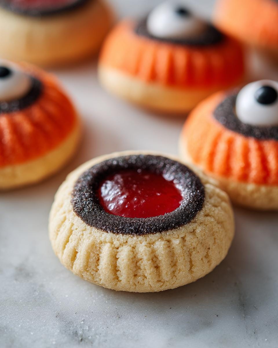 Close-up of Halloween Thumbprint Cookies, one with red jam filling and others decorated as eyeballs.
