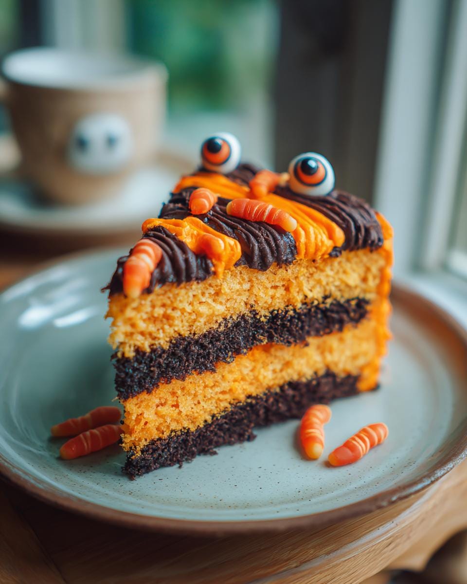 Slice of Halloween-Torten und Snacks zum Nachmachen, decorated with candy eyes and worms on orange and chocolate layers.