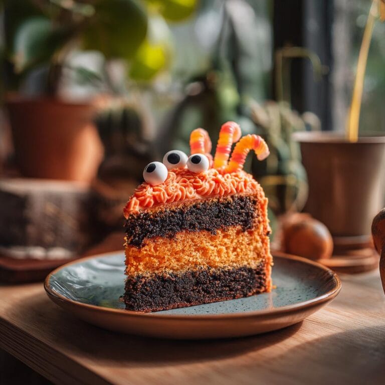 A slice of Halloween-Torten with orange frosting, candy eyes, and gummy worms. A spooky Halloween snack!