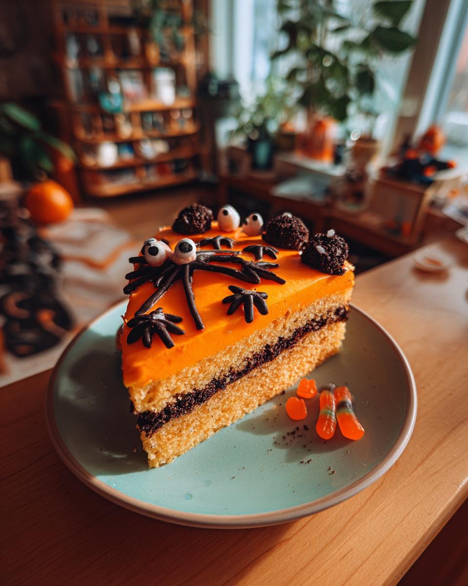 A slice of Halloween-Torten und Snacks zum Nachmachen, decorated with orange frosting, candy eyes, and spider details.