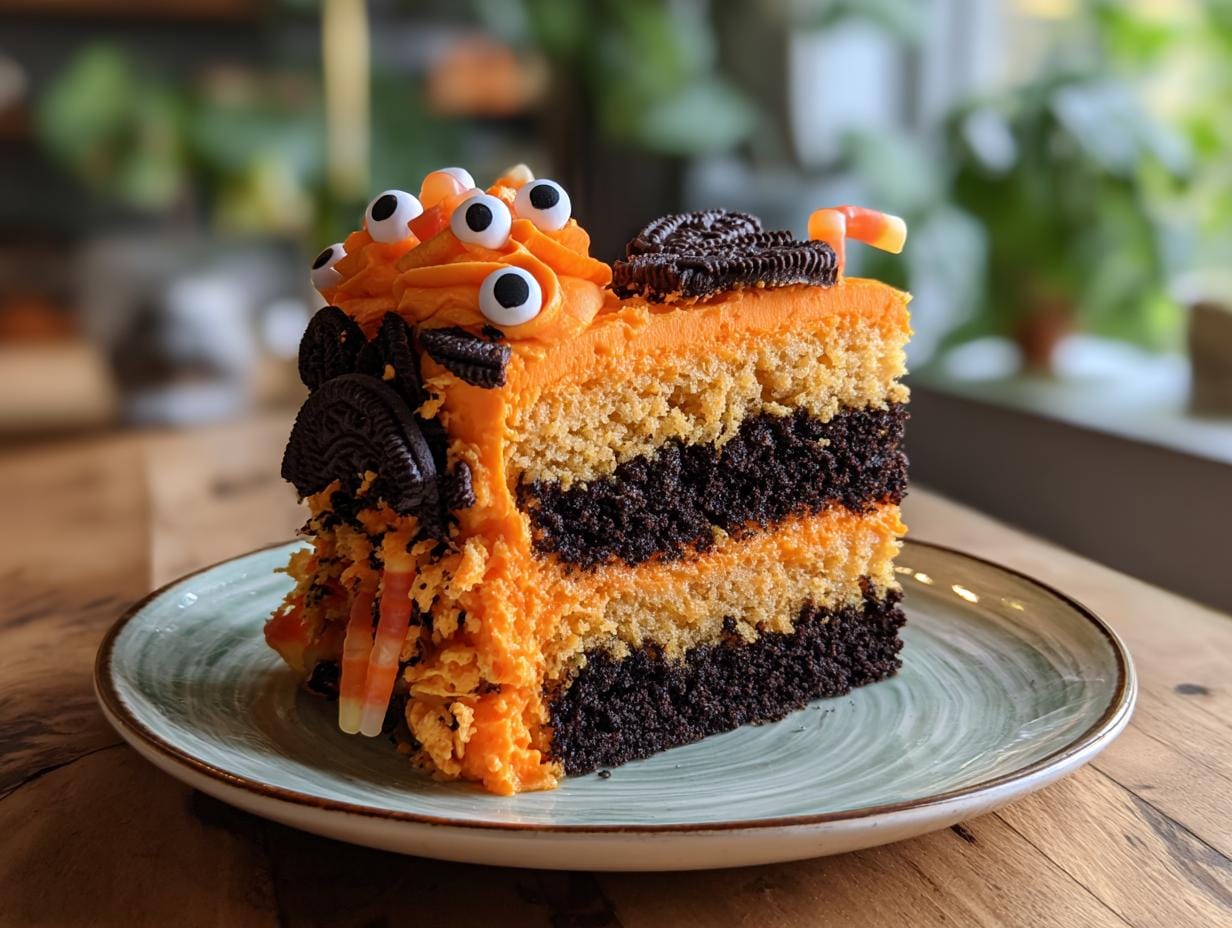 A slice of Halloween-Torten with orange frosting, candy eyes, and Oreo cookies. A spooky treat!