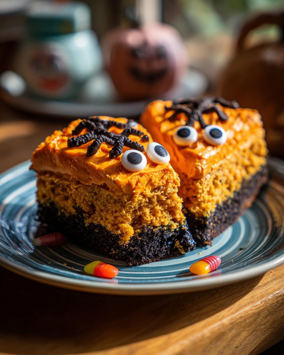 Two slices of Halloween-Torten decorated with spiders and candy eyes, part of Halloween-Torten und Snacks zum Nachmachen.