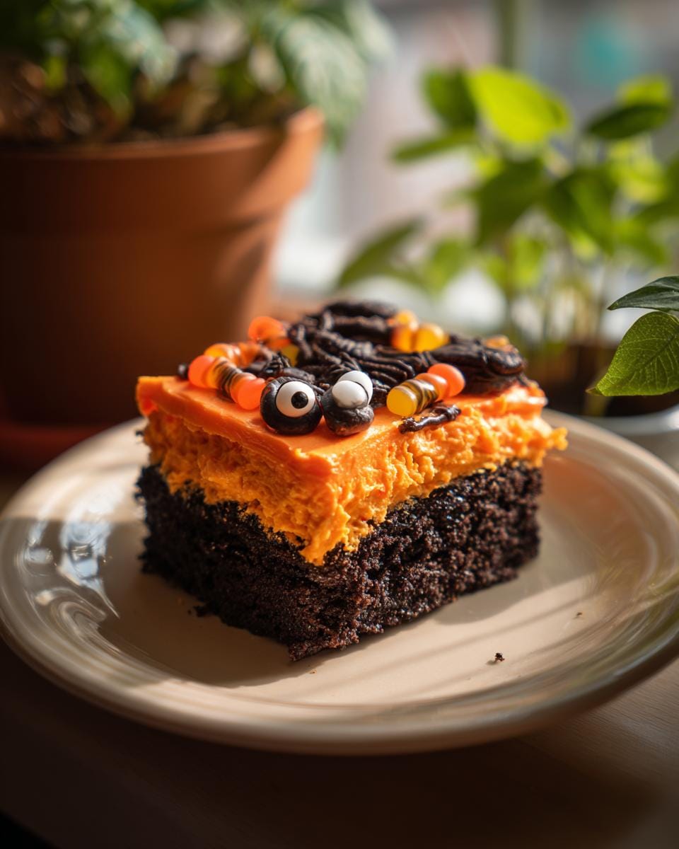 A slice of Halloween-Torten und Snacks zum Nachmachen, decorated with orange frosting and candy eyes.