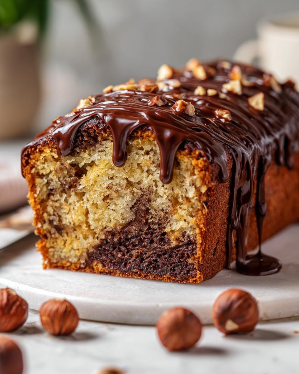 Close-up of a sliced Haselnuss – Schnitten cake drizzled with chocolate and topped with chopped hazelnuts.