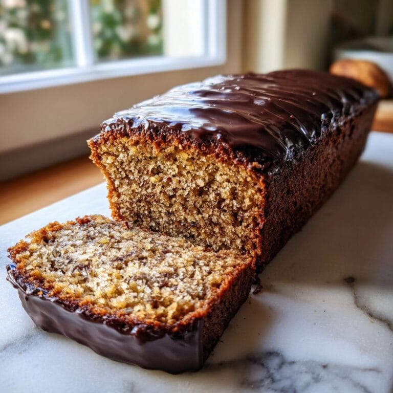 Close-up of a loaf of Haselnuss – Schnitten with a slice cut, topped with shiny chocolate glaze.