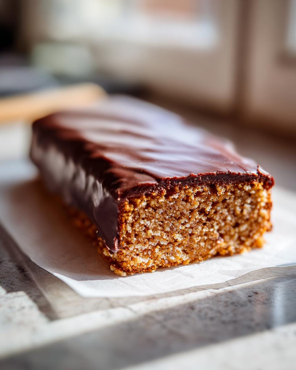 Close-up of a delicious Haselnuss – Schnitten slice with chocolate glaze, showcasing its texture.