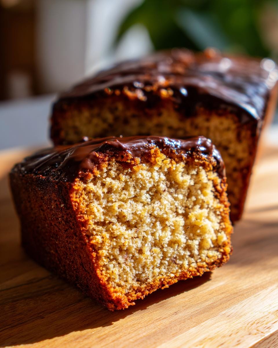 Close-up of a slice of Haselnuss-Schnitten cake with chocolate glaze on a wooden board.