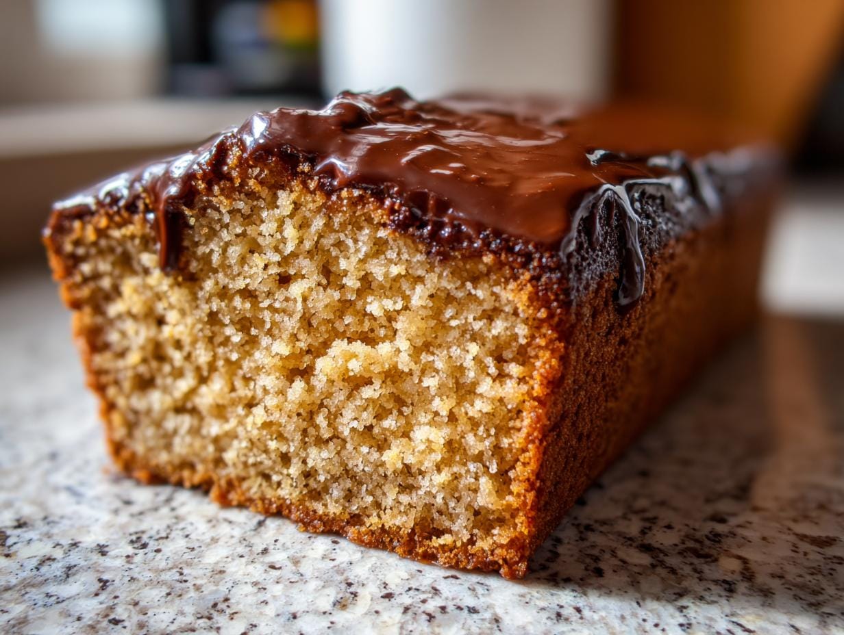 Close-up of a slice of Haselnuss – Schnitten, a German hazelnut cake with chocolate glaze.