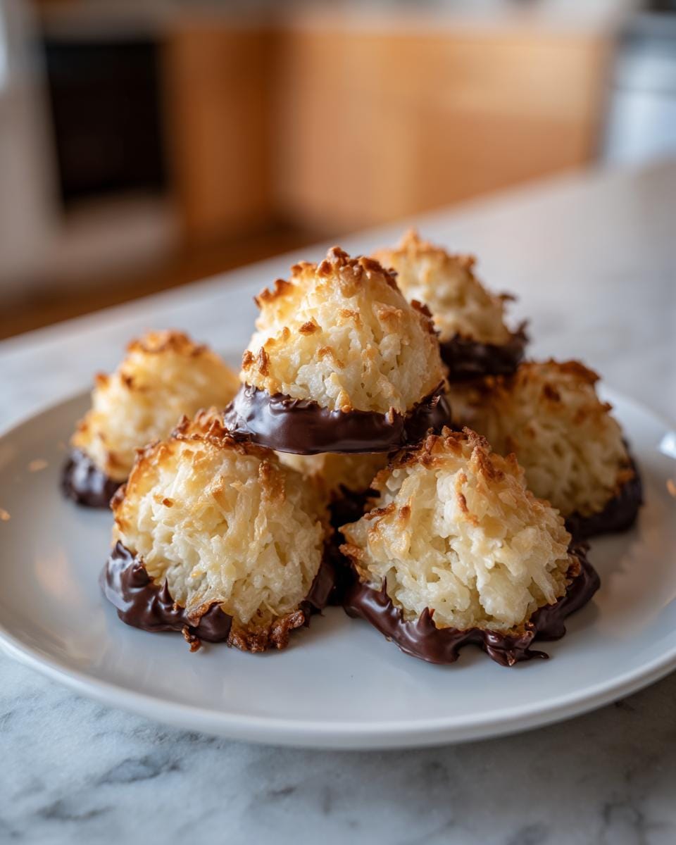 A stack of delicious Haselnussmakronen Rezept dipped in chocolate on a white plate.
