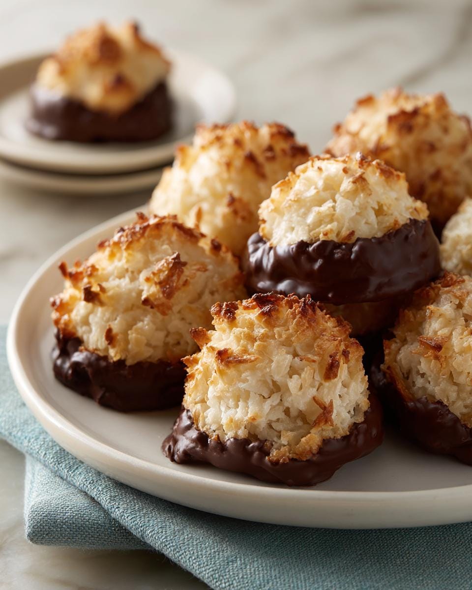 Plate of delicious Haselnussmakronen Rezept cookies, dipped in dark chocolate.