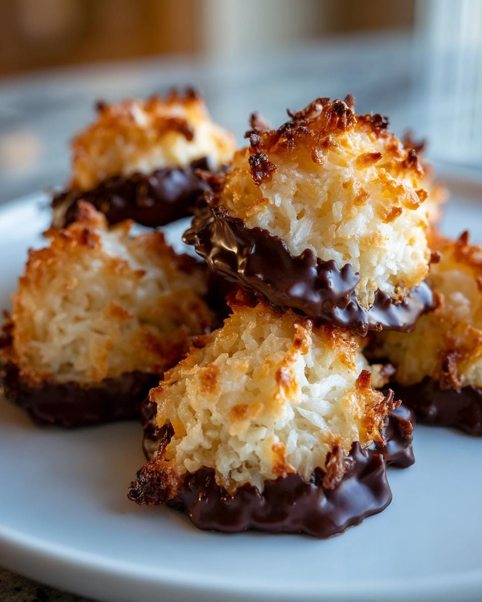 A stack of homemade Haselnussmakronen Rezept dipped in dark chocolate on a white plate.