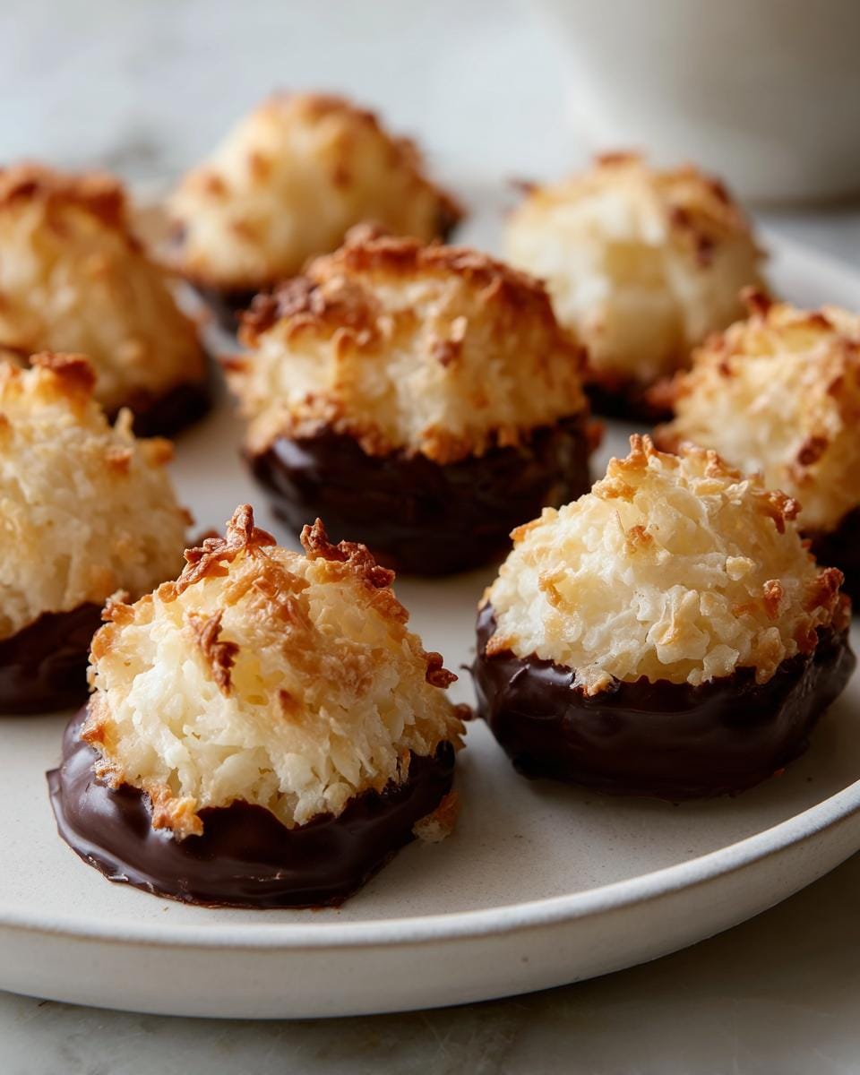 Close up of chocolate dipped Haselnussmakronen Rezept cookies on a white plate.
