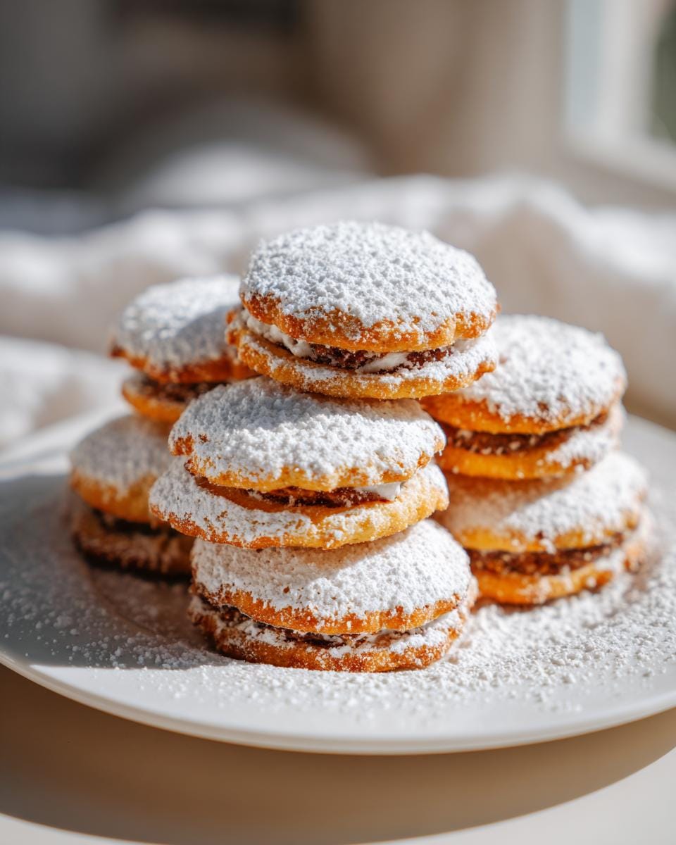 A stack of delicious Haselnusstaschen cookies dusted with powdered sugar on a white plate.