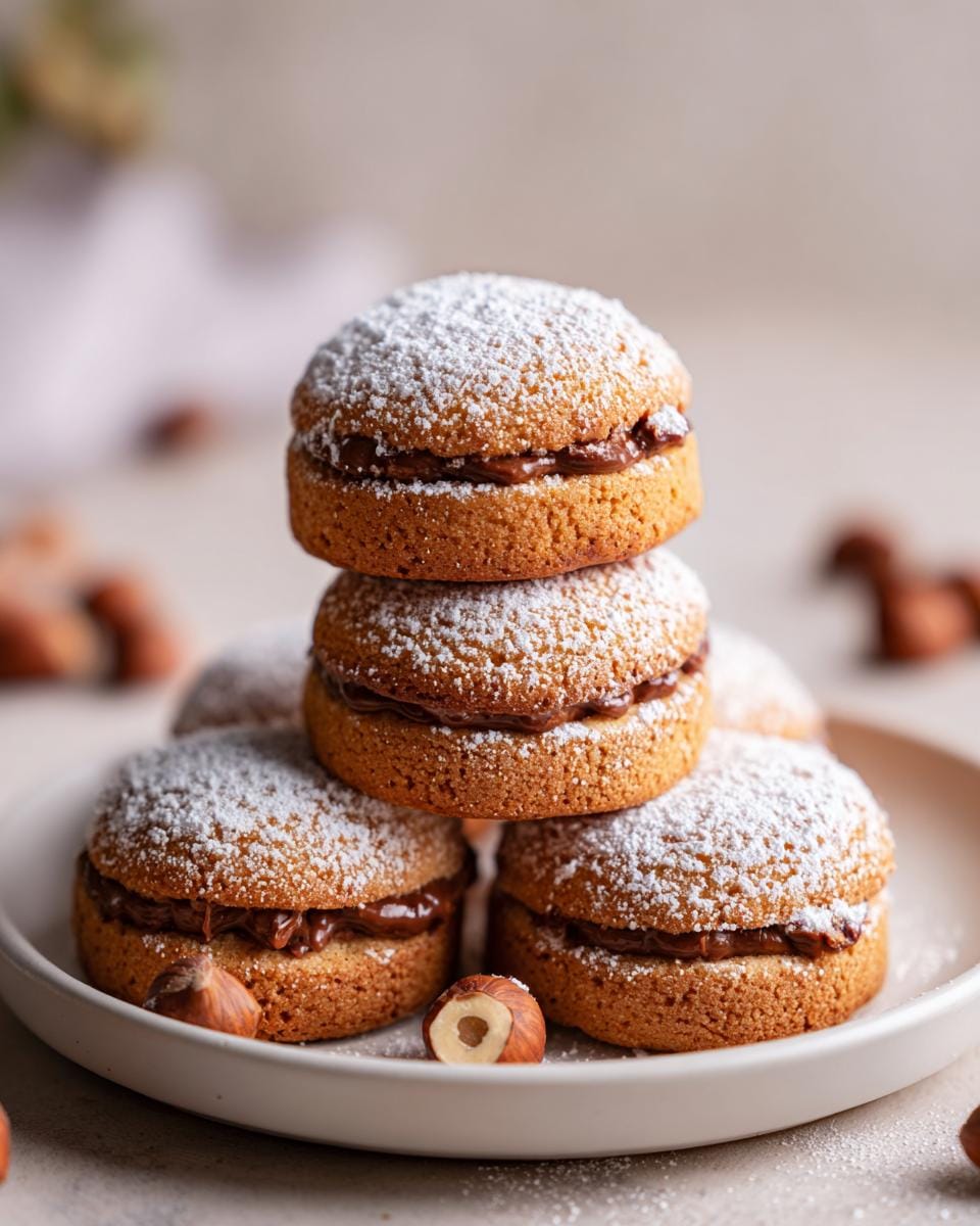 A stack of delicious Haselnusstaschen cookies dusted with powdered sugar and filled with chocolate.