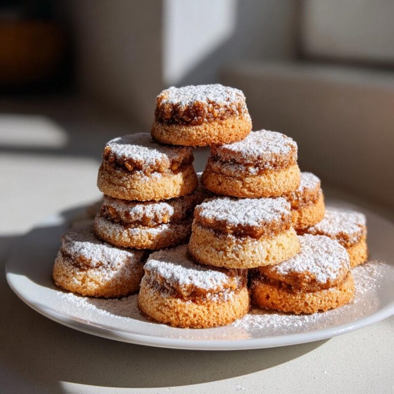 A stack of delicious Haselnusstaschen cookies dusted with powdered sugar on a white plate.