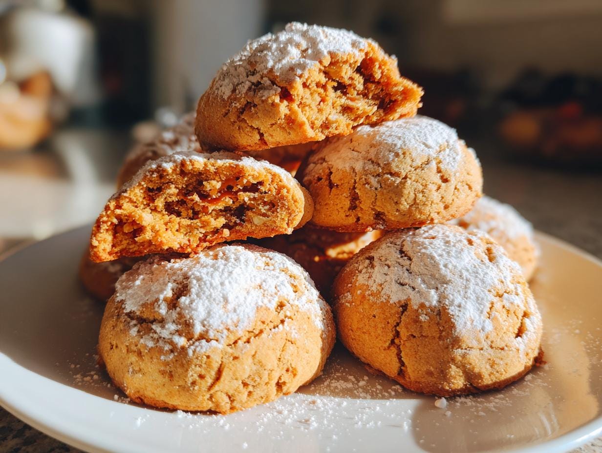Pile of Haselnusstaschen Plätzchen cookies dusted with powdered sugar on a white plate.