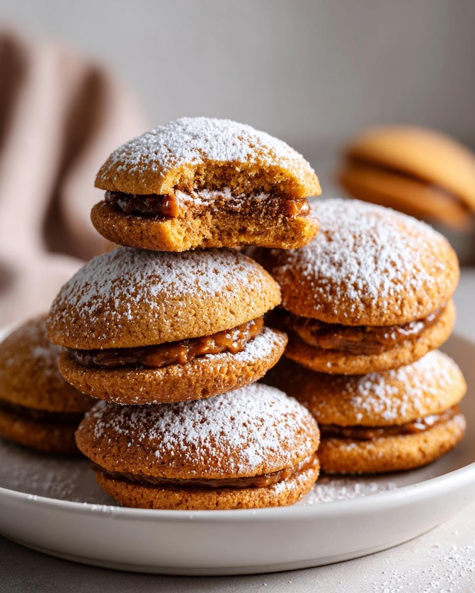 A stack of delicious Haselnusstaschen Plätzchen cookies dusted with powdered sugar, one with a bite taken out.