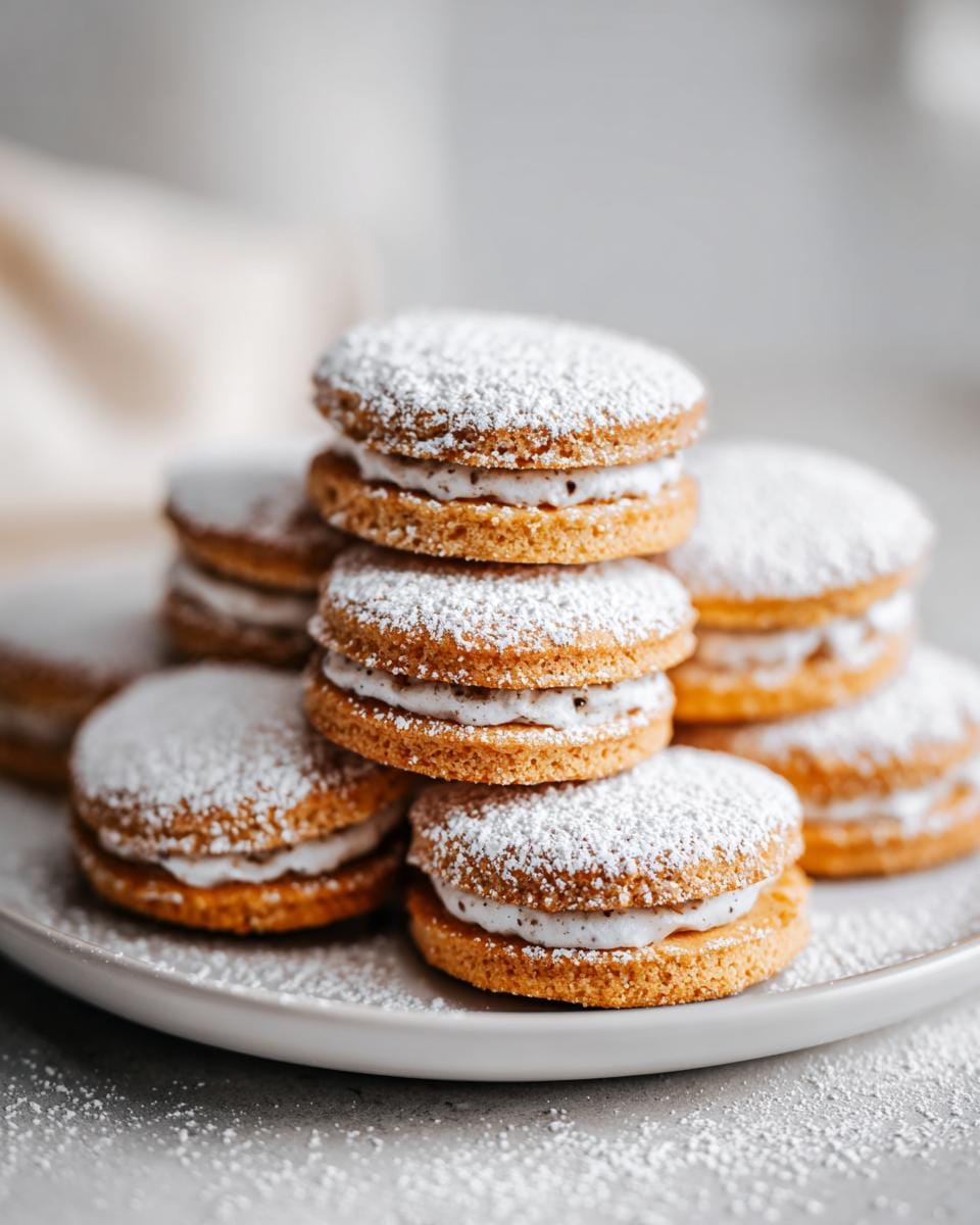 A stack of delicious Haselnusstaschen Plätzchen cookies dusted with powdered sugar on a plate.