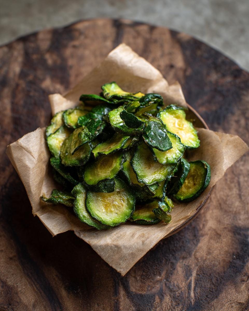 Overhead shot of a bowl filled with crispy Healthy Zucchini Chips on a wooden surface.