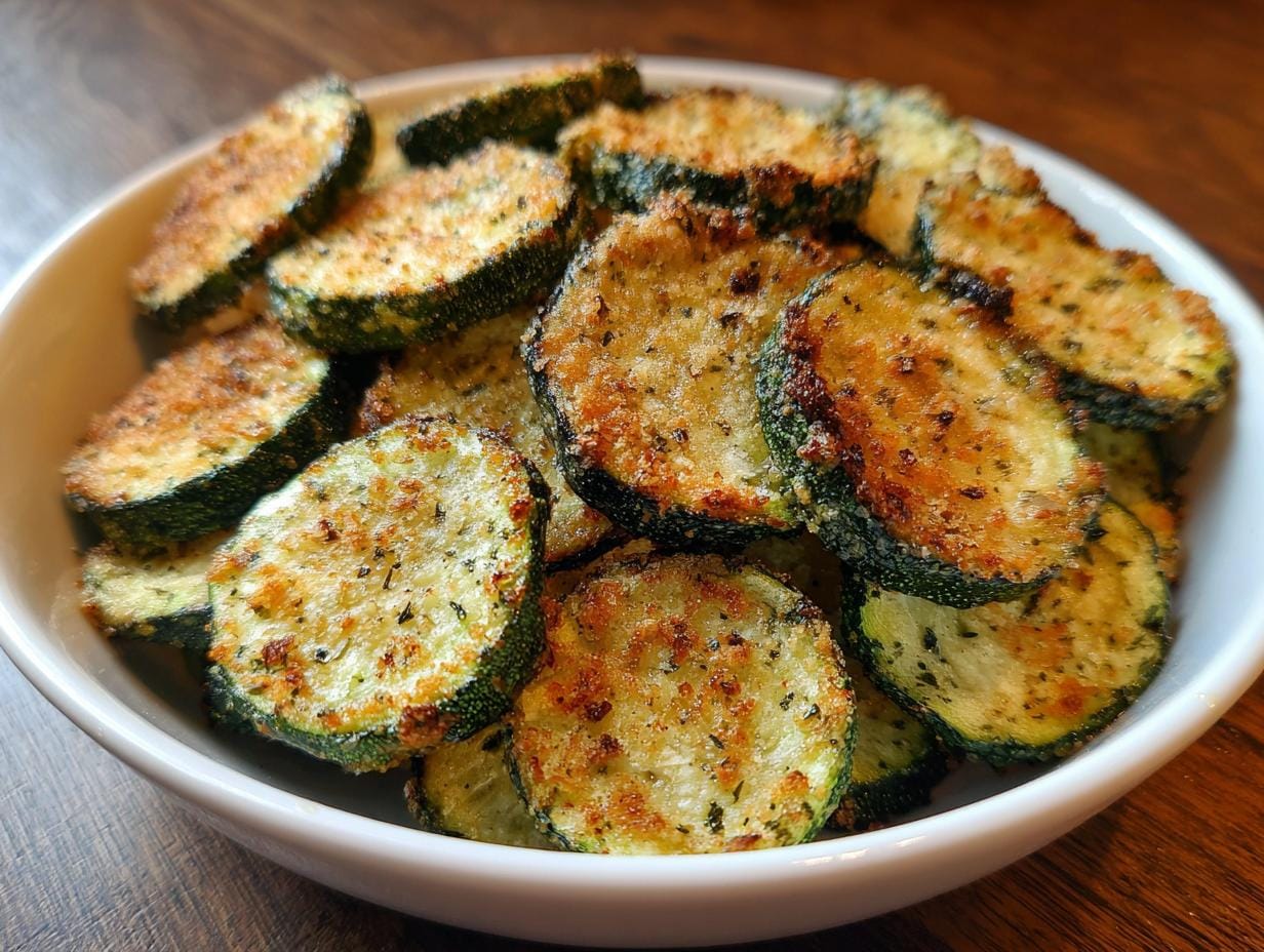 A bowl filled with golden, crispy Healthy Zucchini Chips, seasoned and ready to eat.