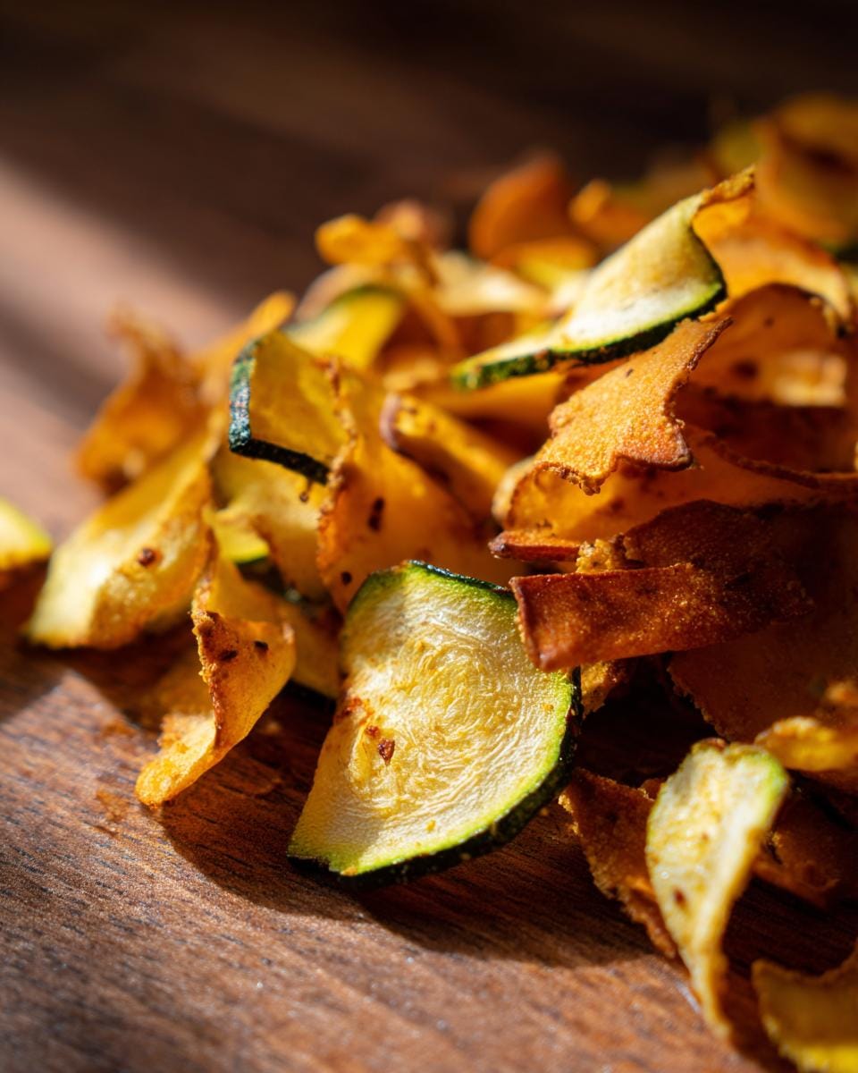 Close-up of crispy Healthy Zucchini Chips piled on a wooden surface.