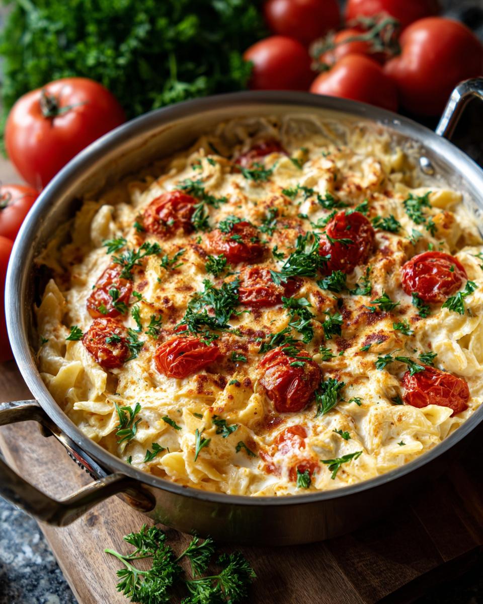 Nahaufnahme von heißgeliebte Herbst-Feta-Pasta in einer Pfanne, garniert mit Tomaten und Petersilie.