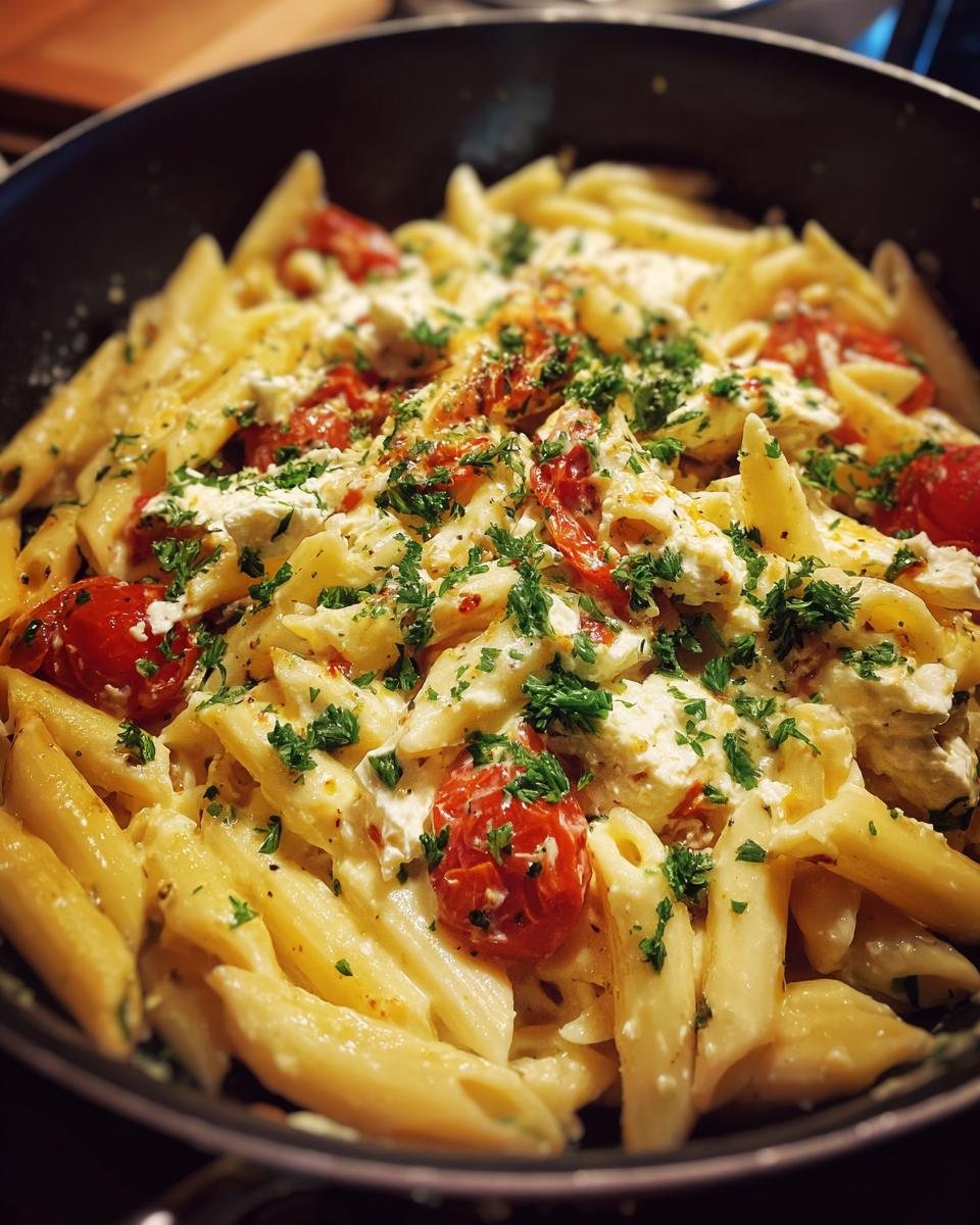 Nahaufnahme von Die heißgeliebte Baked Feta Pasta jetzt in der Herbst, mit Pasta, Feta, Tomaten und Kräutern.