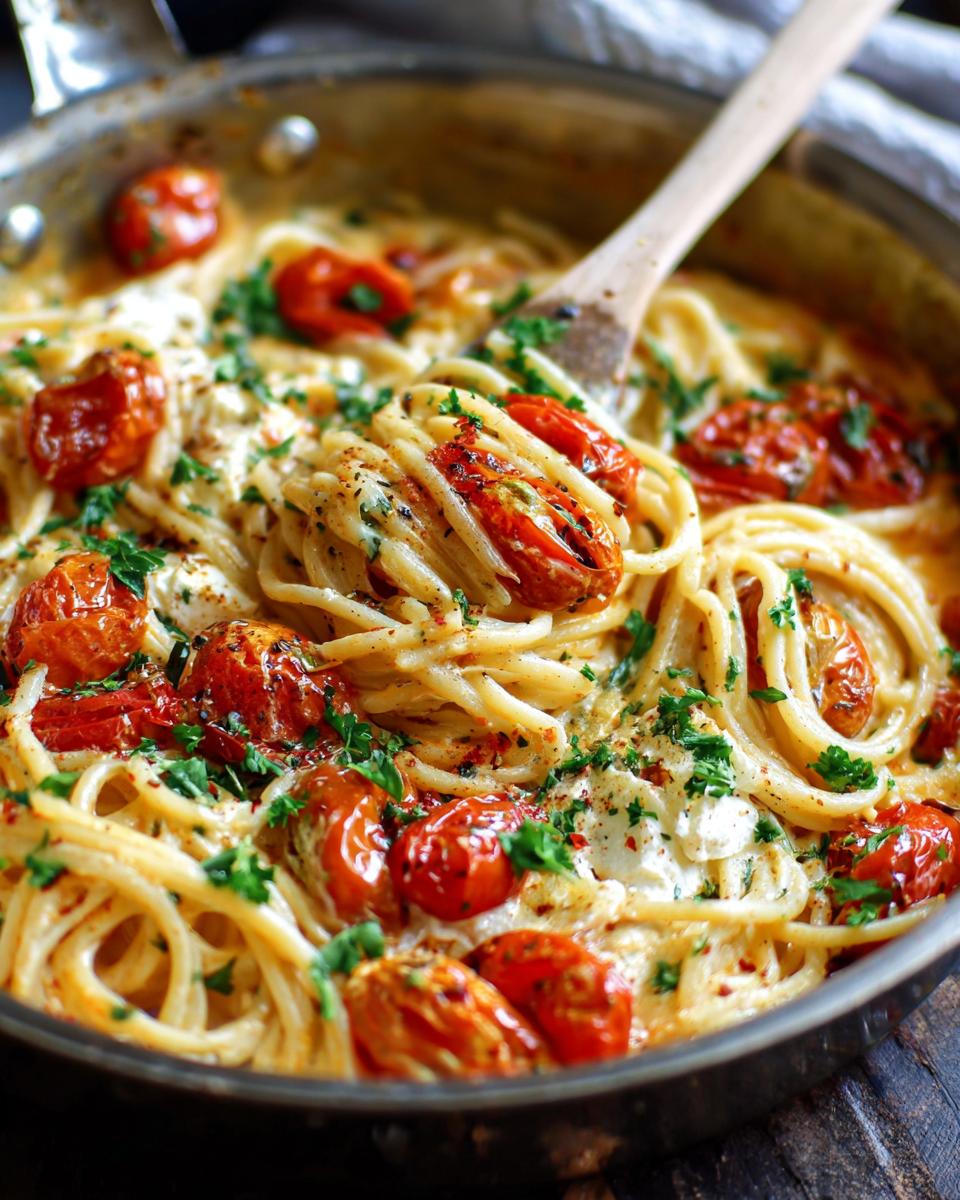 Close-up of Die heißgeliebte Baked Feta Pasta jetzt in der Herbst with roasted tomatoes and herbs in a pan.