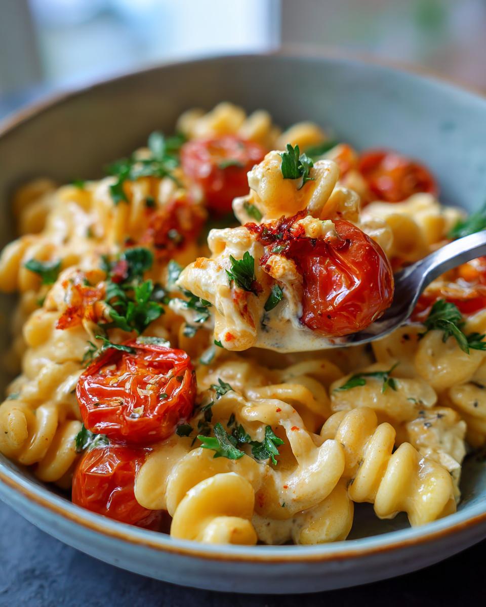Nahaufnahme von Die heißgeliebte Baked Feta Pasta jetzt in der Herbst, serviert mit Tomaten und frischen Kräutern.