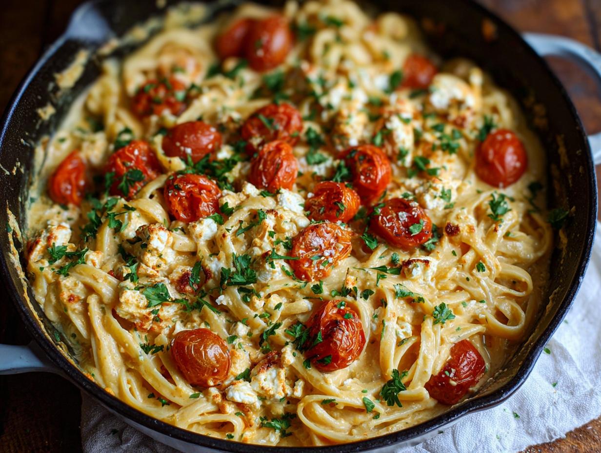 Nahaufnahme von Herbst-Feta-Pasta mit gerösteten Tomaten, Feta und Petersilie.