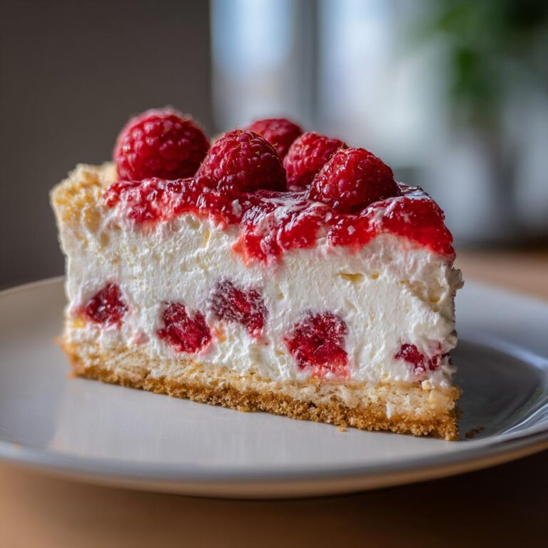 A slice of Himbeer-Raffaello-Torte ohne Gelatine, topped with fresh raspberries and a creamy filling.