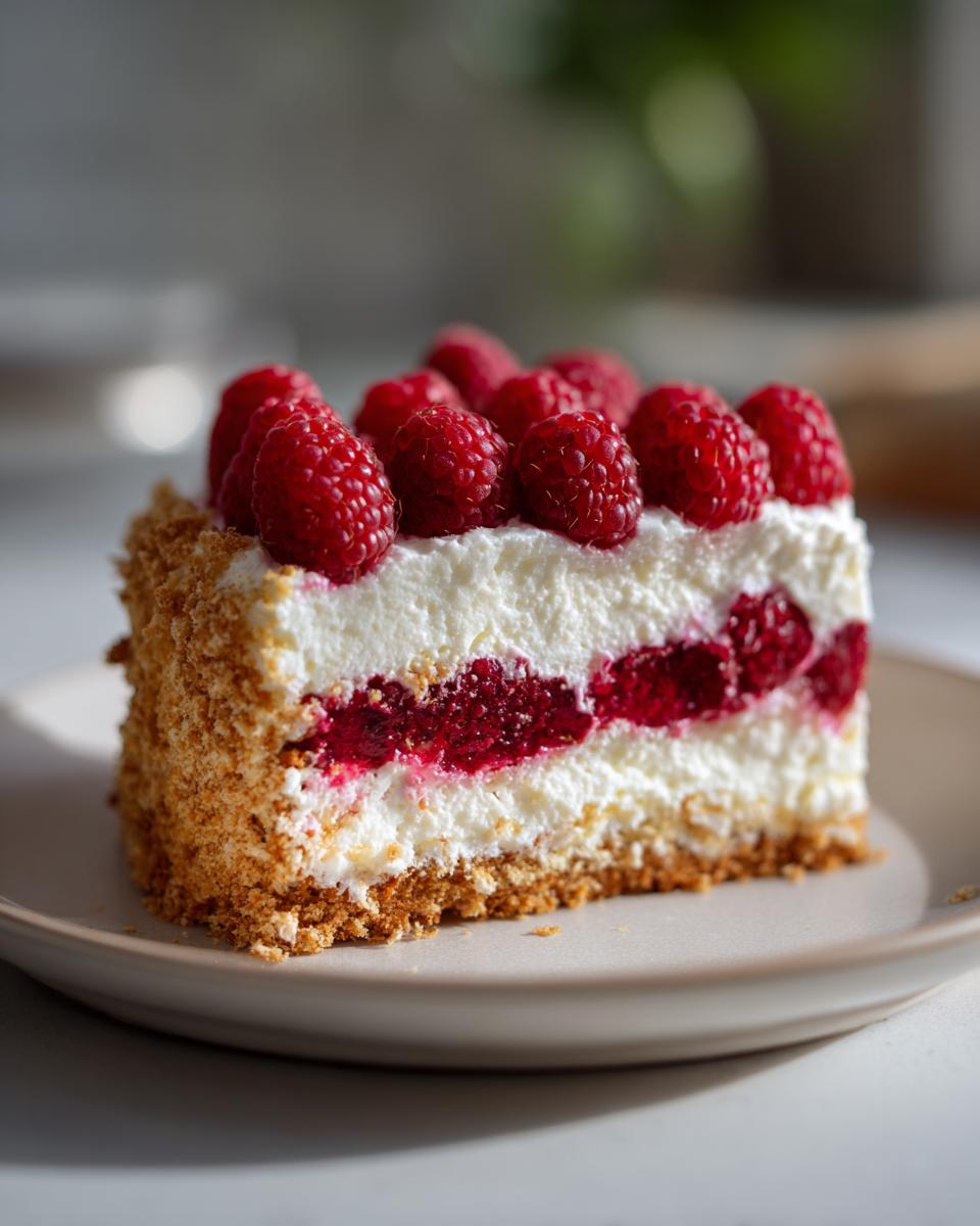 A slice of Himbeer-Raffaello-Torte ohne Gelatine, featuring layers of raspberries, cream, and a crumbly crust.
