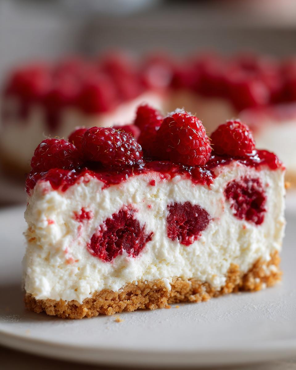 A slice of Himbeer-Raffaello-Torte ohne Gelatine, showcasing raspberries, creamy filling, and a biscuit base.