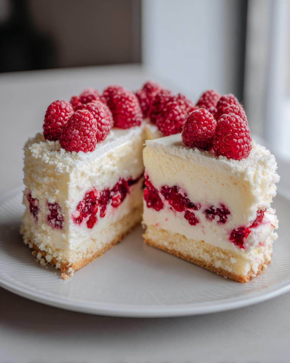 A slice of Himbeer-Raffaello-Torte ohne Gelatine, topped with fresh raspberries and coconut shavings.