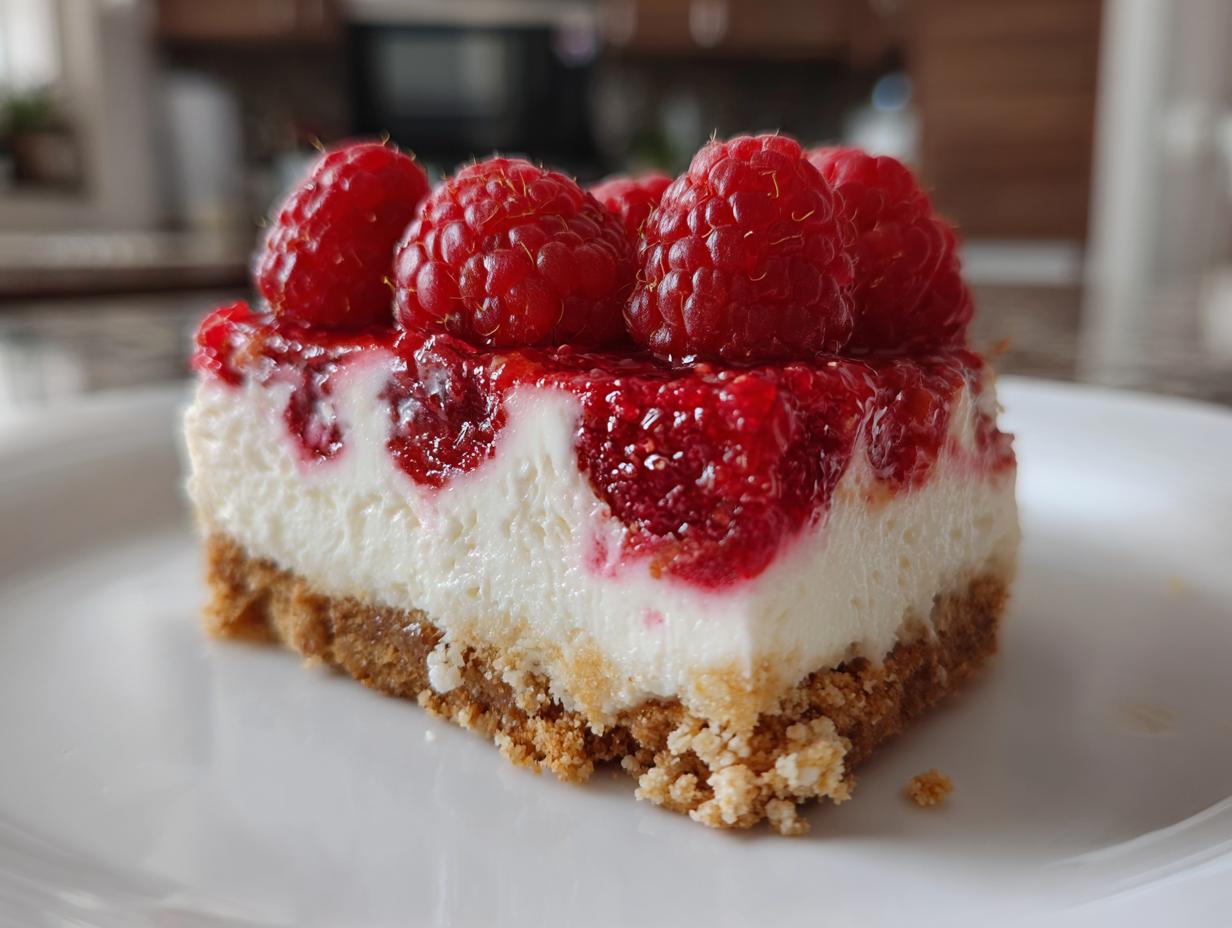 A slice of Himbeer-Raffaello-Torte ohne Gelatine, topped with fresh raspberries, on a white plate.