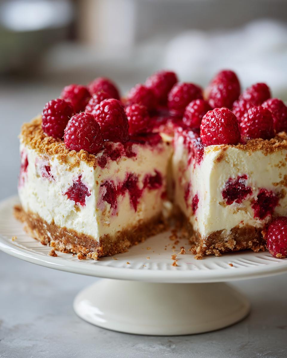 Delicious Himbeer-Raffaello-Torte ohne Gelatine, topped with fresh raspberries and a slice removed.