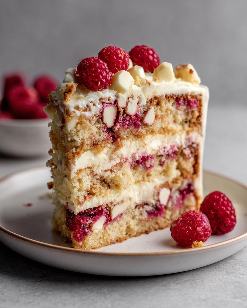 A slice of Himbeerkuchen mit weißer Schokolade, topped with fresh raspberries and white chocolate chunks.