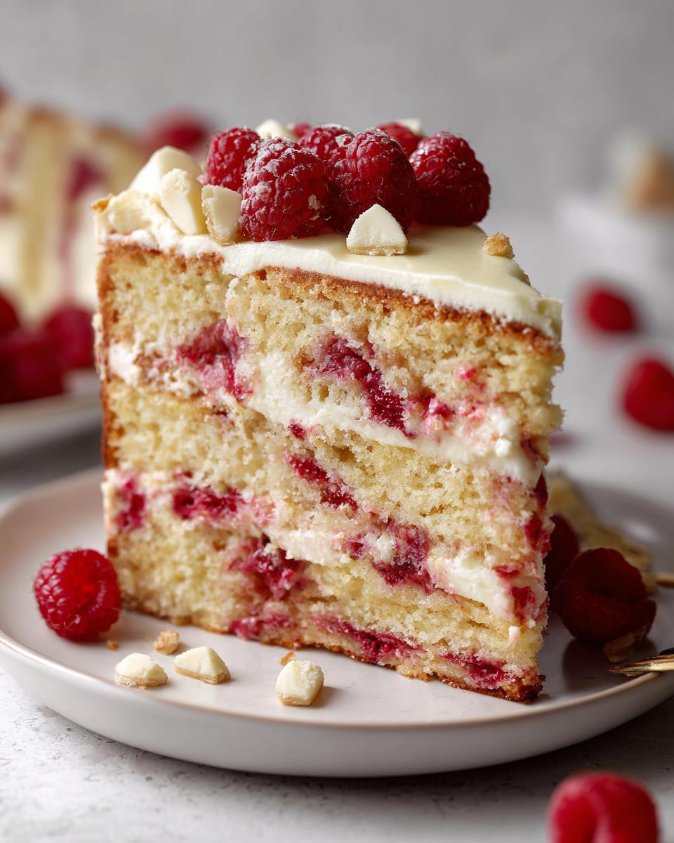 A slice of Himbeerkuchen mit weißer Schokolade (raspberry cake with white chocolate), topped with fresh raspberries.