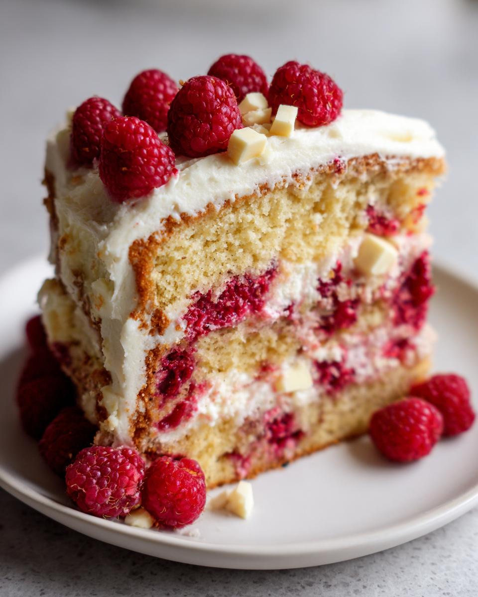 A slice of Himbeerkuchen mit weißer Schokolade, topped with fresh raspberries and white chocolate pieces.